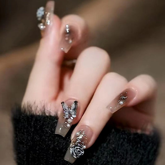 Dark Castle Long Coffin Black Butterfly Press On Nails