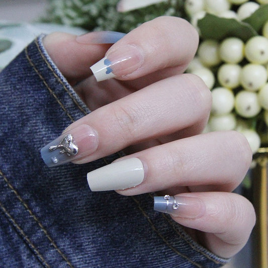 Heart Idol Medium Coffin Blue Cute Press On Nails