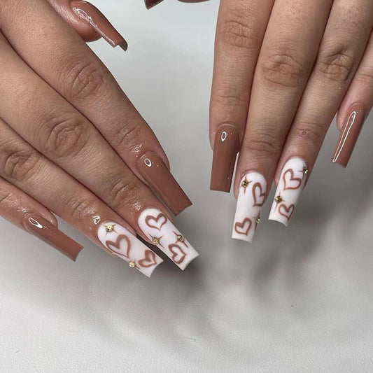 Neutral Love Long Square Brown Hearts Press On Nails