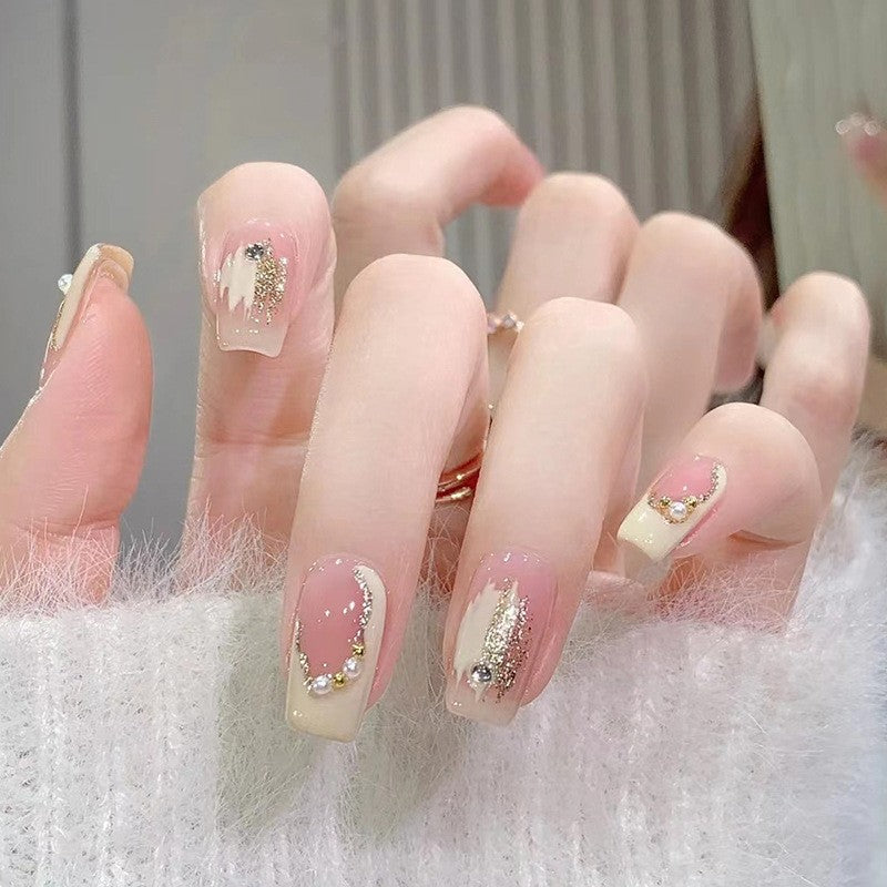 Redecorating Medium Squoval Beige Abstract Press On Nails