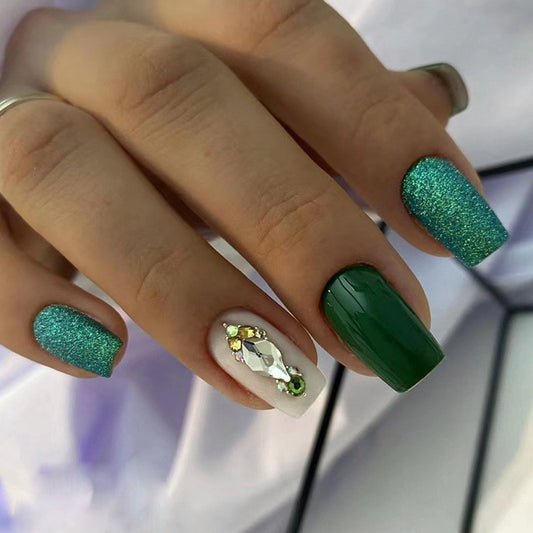 Emerald Dreams Short Squoval Green Glitter Press On Nails