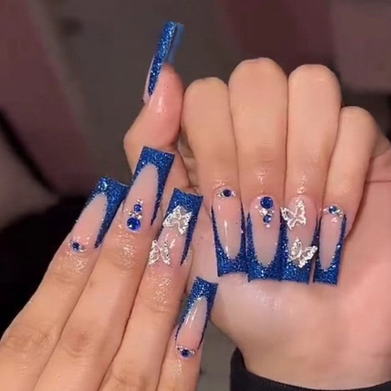 Glitter In My Hair Long Coffin Blue French Tips Press On Nails – RainyRoses