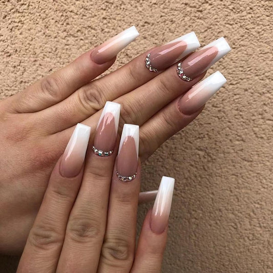 Speed Dial Long Coffin Beige French Tips Press On Nails