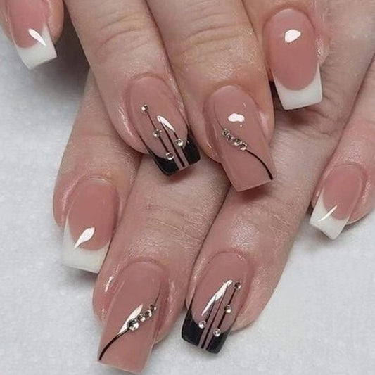 Deja Vu Medium Squoval Beige French Tips Press On Nails