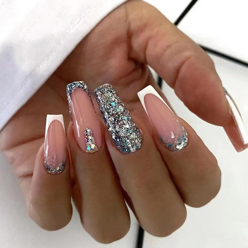 Friday Night Lights Long Coffin Silver French Tips Press On Nails