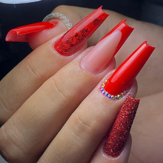 Pop It Up Long Coffin Red Glitter Press On Nails