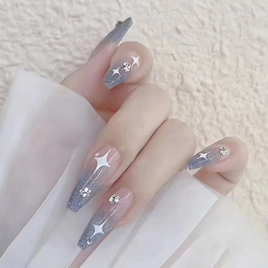 Glitzy Gleam Long Coffin Silver Glitter Press On Nails
