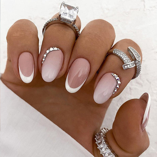 Married Forever Short Oval White Studded Press On Nails