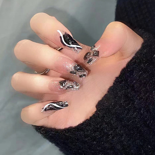 Sharp Diamonds Long Coffin Black Glam Press On Nails
