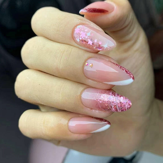 Barbie Wedding Medium Almond Pink Glitter Press On Nails