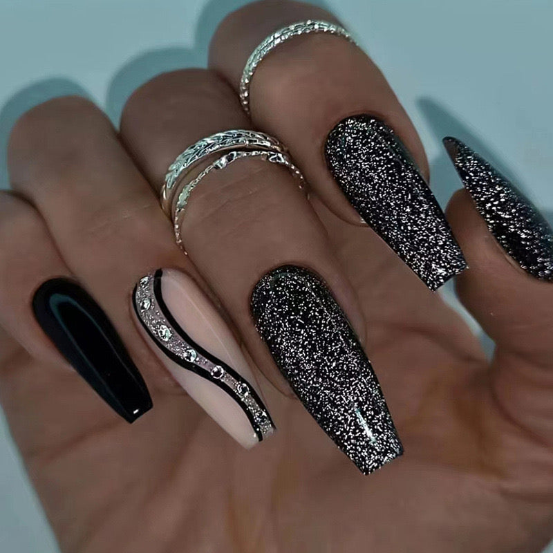 Cocktail Party Long Coffin Black Glitter Press On Nails