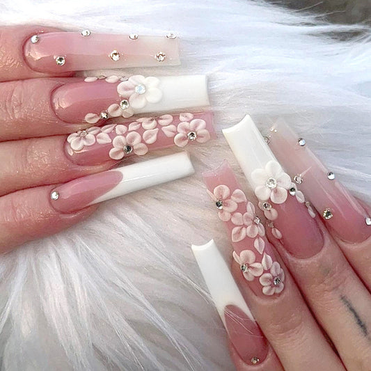Layered Blossoms Long Square White Floral Press On Nails