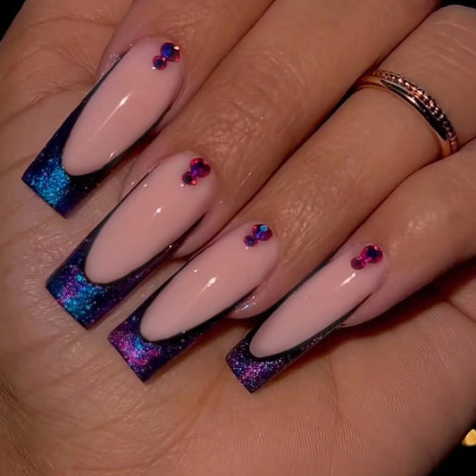 Never Existed Long Square Purple French Tips Press On Nails