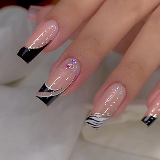 People Talk Medium Square Black French Tips Press On Nails