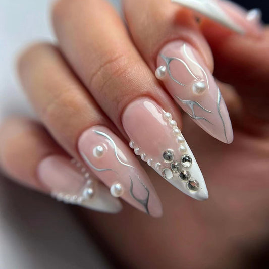 Opulent Long Almond White Pearls Press On Nails