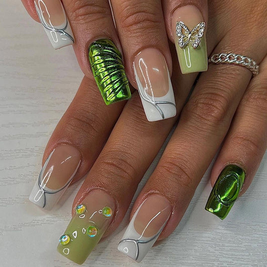 Mother Nature Medium Square Green Glossy Press On Nails