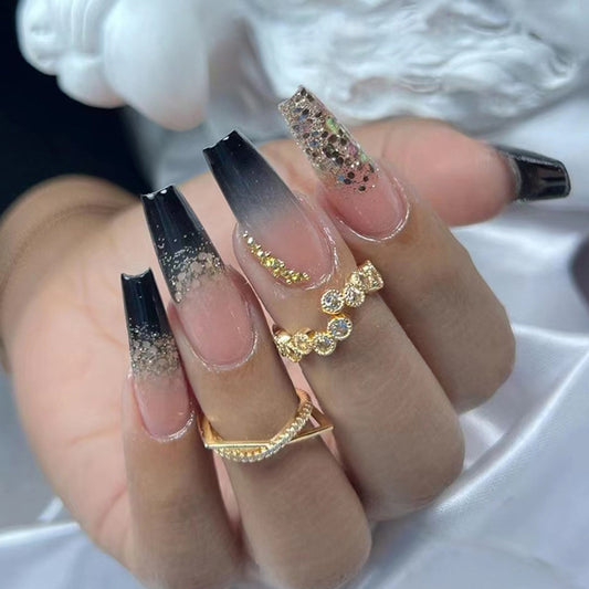 Family Ties Long Coffin Black Glitter Press On Nails