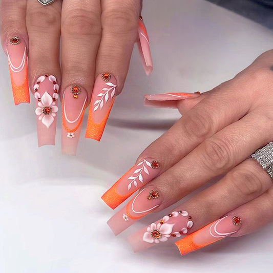 Grown up Long Coffin Orange Vacation Press On Nails