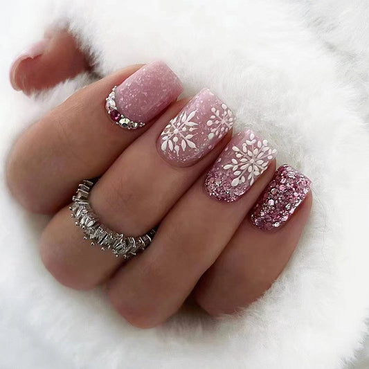 Glitter Snow Short Square Pink Winter Press On Nails