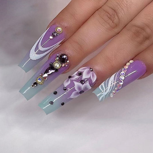 Gone Fishing Long Coffin Purple Vacation Press On Nails