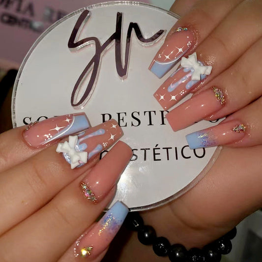 Sparkly Drip Long Coffin Blue Bow Press On Nails