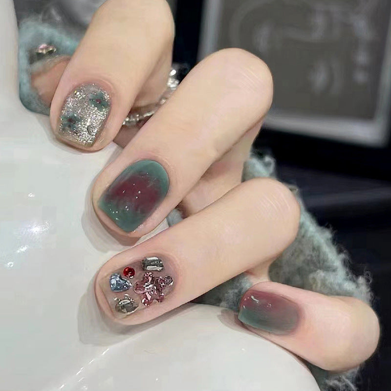 Expert Charm Short Square Green Glossy Press On Nails