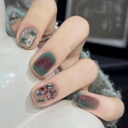 Expert Charm Short Square Green Glossy Press On Nails