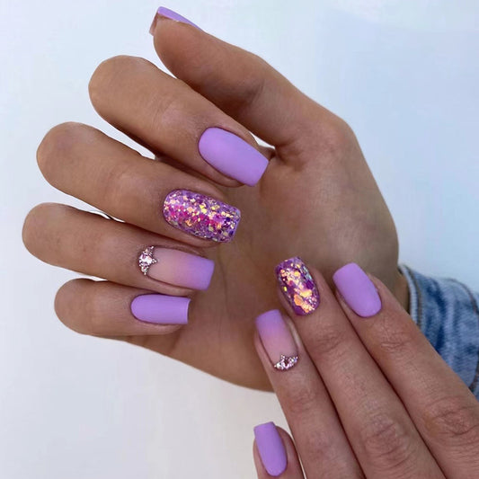 Skyrocket Medium Square Purple Glitter Press On Nails