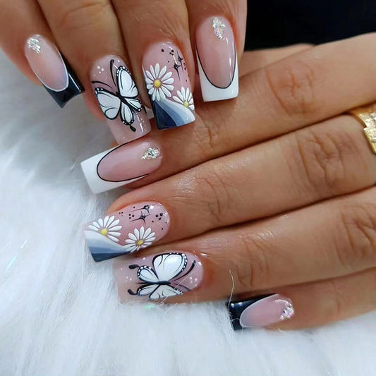 Signature Control Medium Square White Floral Press On Nails