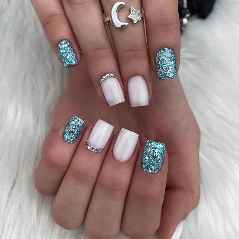 Ariel Mermaid Short Square Blue Glitter Press On Nails