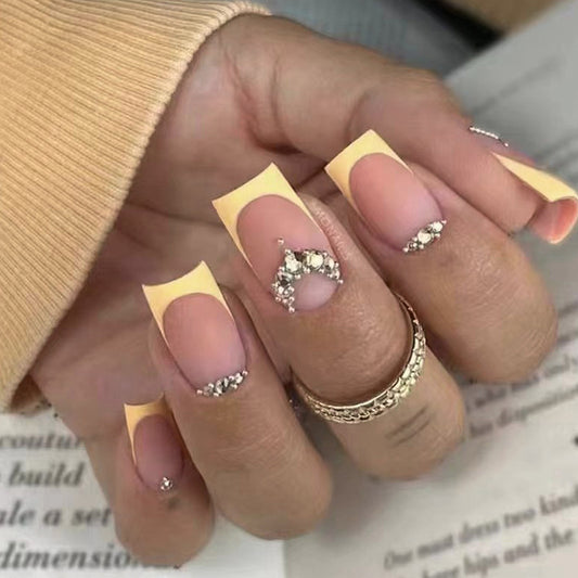 Princess Tiara Medium Square Yellow Studded Press On Nails