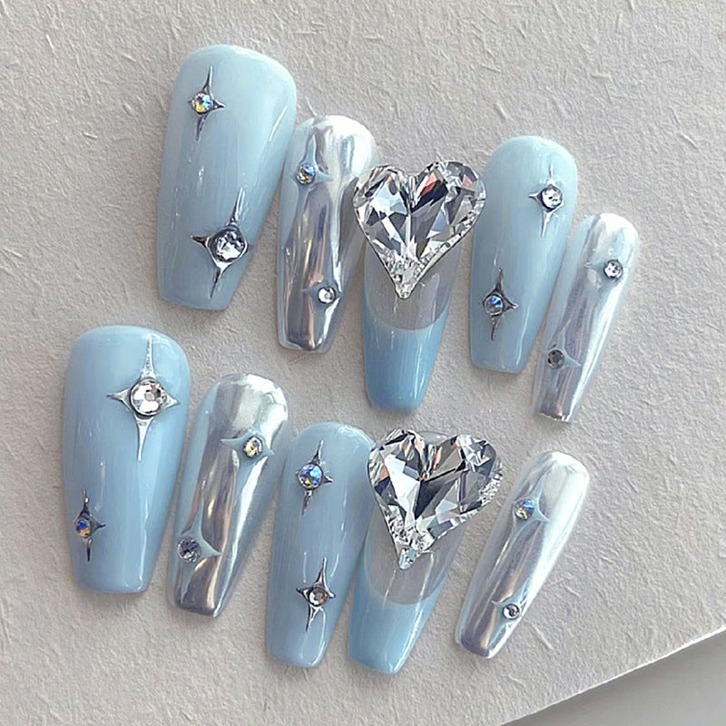 Planet Diamond Medium Coffin Blue Studded Press On Nails
