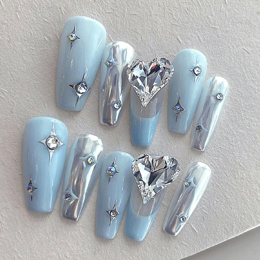 Planet Diamond Medium Coffin Blue Studded Press On Nails