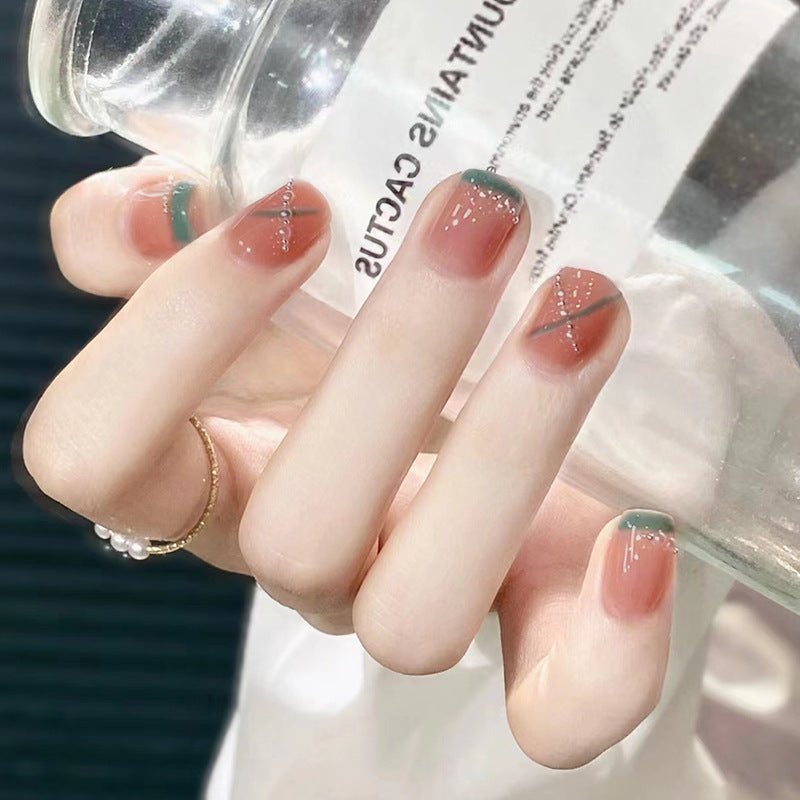 A Sense Short Square Green French Tips Press On Nails