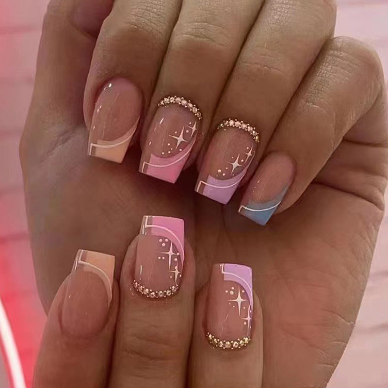 Star Slope Medium Square Multicolor Everyday Press On Nails