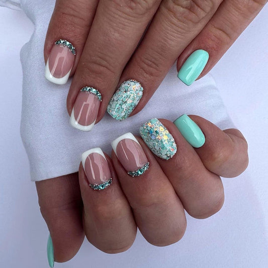 Swimming With Dolphins Short Square Blue Glitter Press On Nails