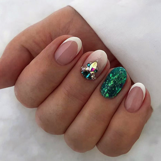 Win The Emerald Short Round Green Studded Press On Nails