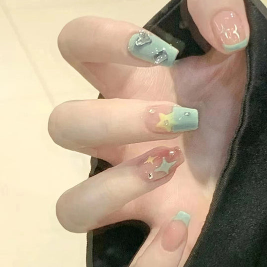 Random Stars Long Coffin Green Studded Press On Nails