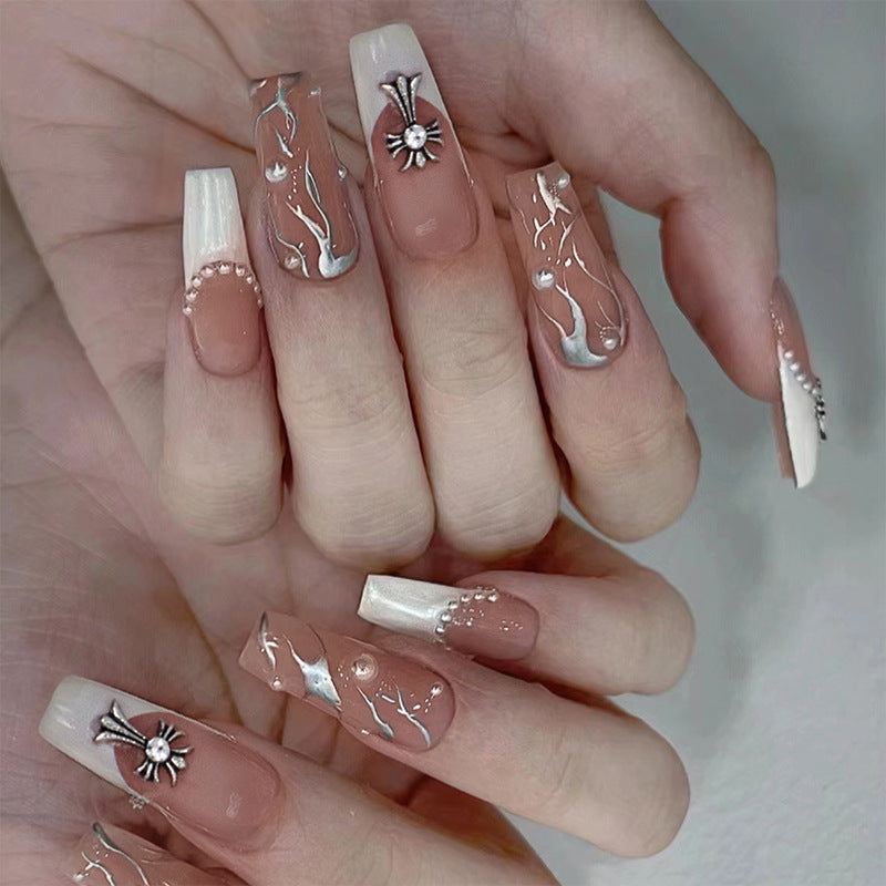 The Ready Road Long Coffin Silver Pearls Press On Nails