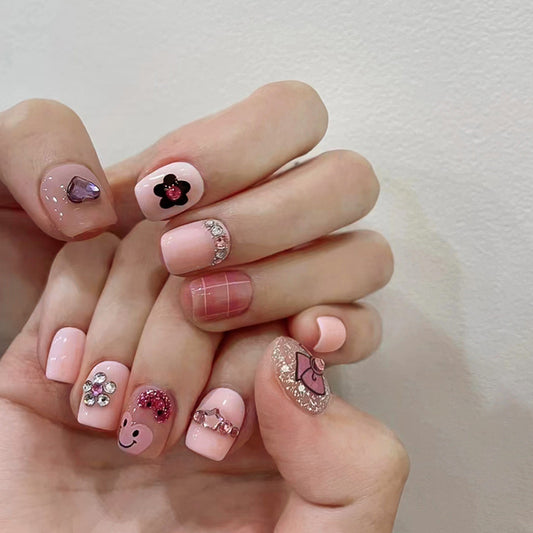 Start Heart Medium Square Pink Cute Press On Nails