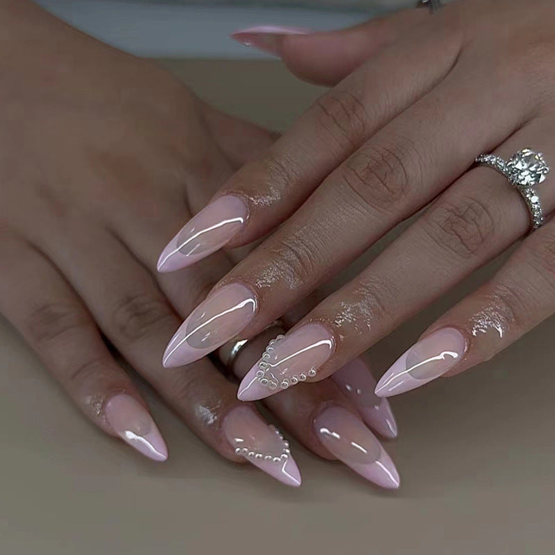 No Cutting Costs Medium Almond Pink Pearls Press On Nails