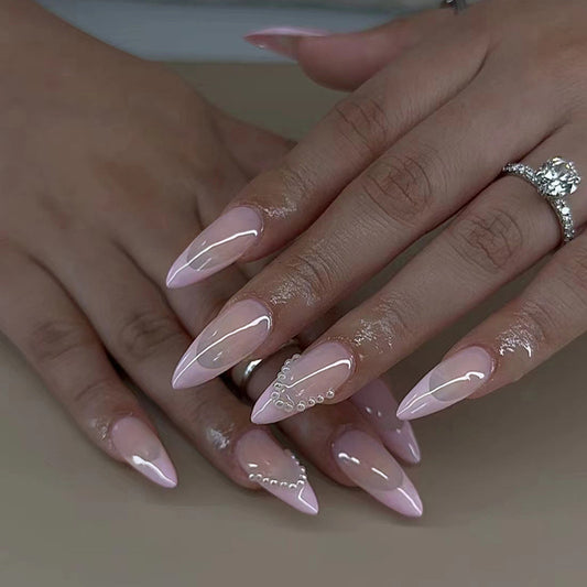 No Cutting Costs Medium Almond Pink Pearls Press On Nails