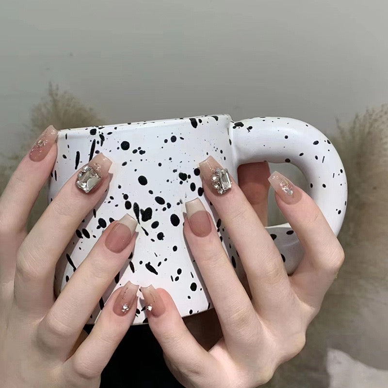 Natural Diamonds Medium Coffin Silver Studded Press On Nails