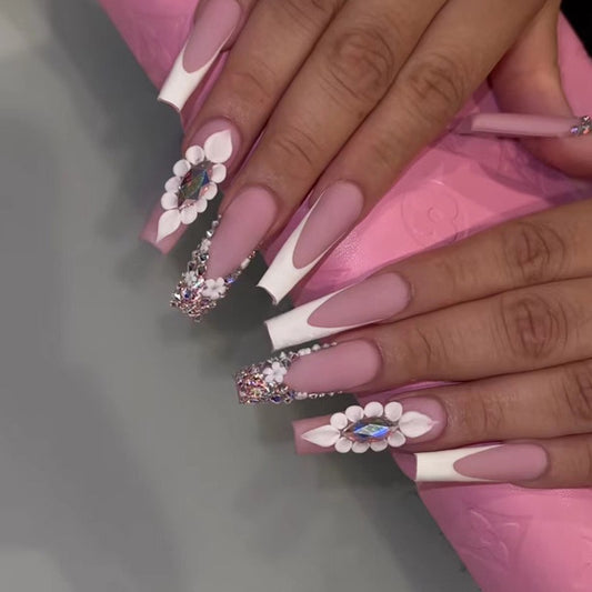 Total Heartbreaker Long Coffin Pink Glam Press On Nails