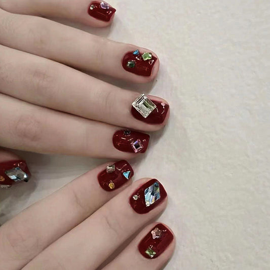 Diamond Gifts Short Square Red Studded Press On Nails