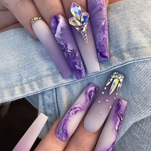 Unheard Of Long Coffin Purple Marble Press On Nails