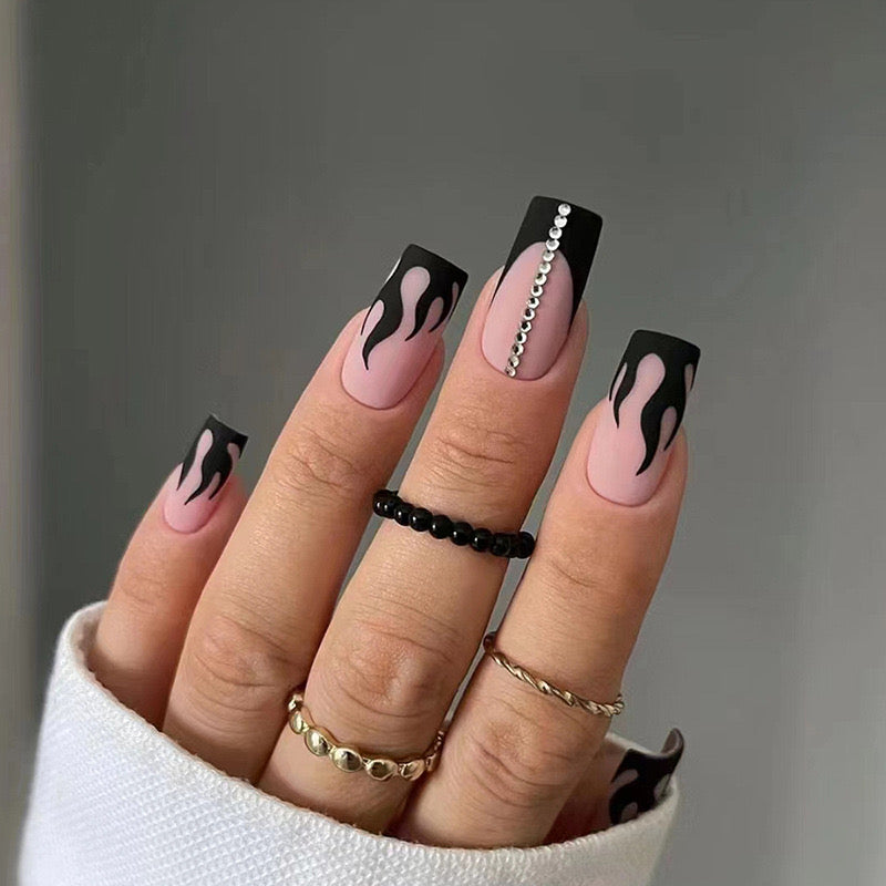 Sophisticated Flames Long Coffin Press-On Nails in Pink and Black with Rhinestone Embellishments