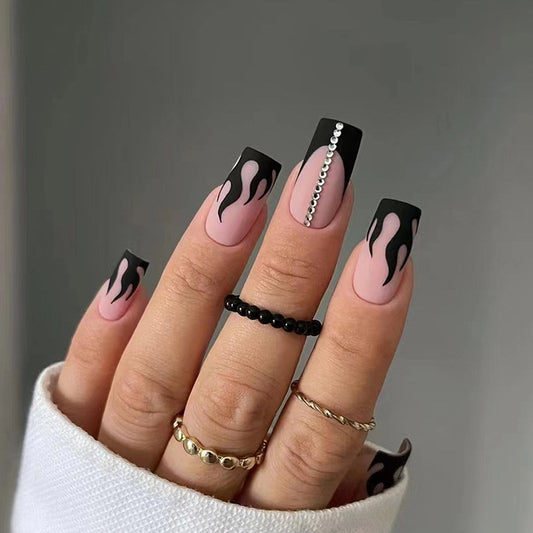 Sophisticated Flames Long Coffin Press-On Nails in Pink and Black with Rhinestone Embellishments