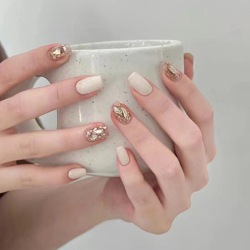 Modern Short Square Beige Press-On Nails with Gold Foil Accents