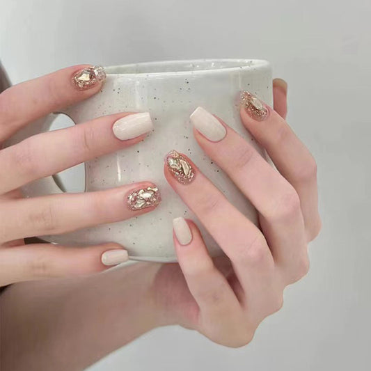 Modern Short Square Beige Press-On Nails with Gold Foil Accents